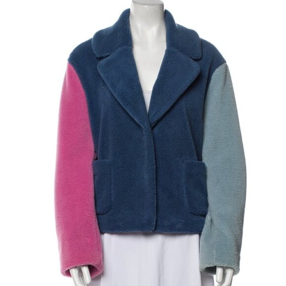 Olivia Rubin Blue Cass Colourblock Faux Shearling Jacket I Size XS US 4 - Picture 2 of 9